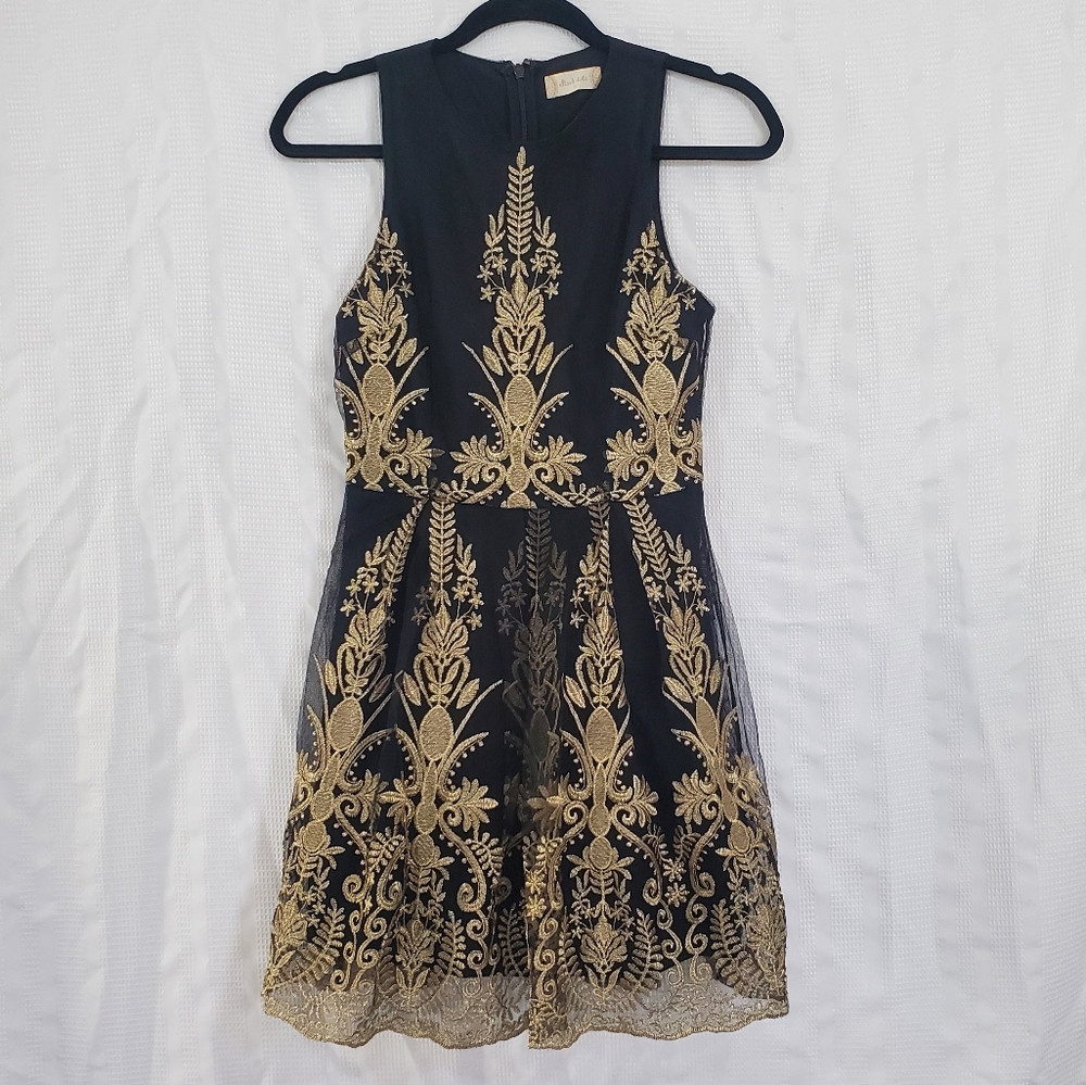 ALTAR'D STATE Sleeveless Midi Dress Black w/ Gold Embroidery Size Small